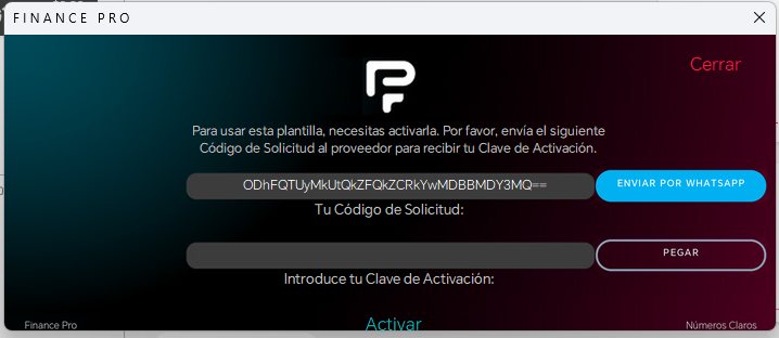 Ventana de activación de Finance Pro. El código está en el recuadro «Tu Código de Solicitud».