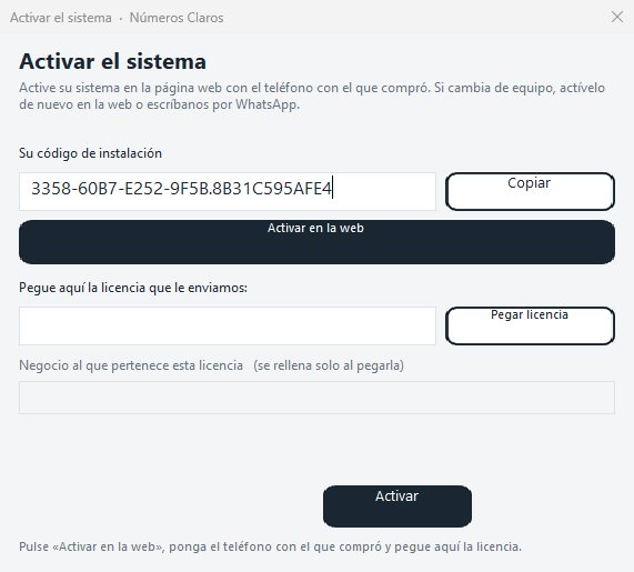 Ventana «Activar el sistema» de Negocio Pro. El código está en el recuadro «Su código de instalación», arriba del botón «Activar en la web».